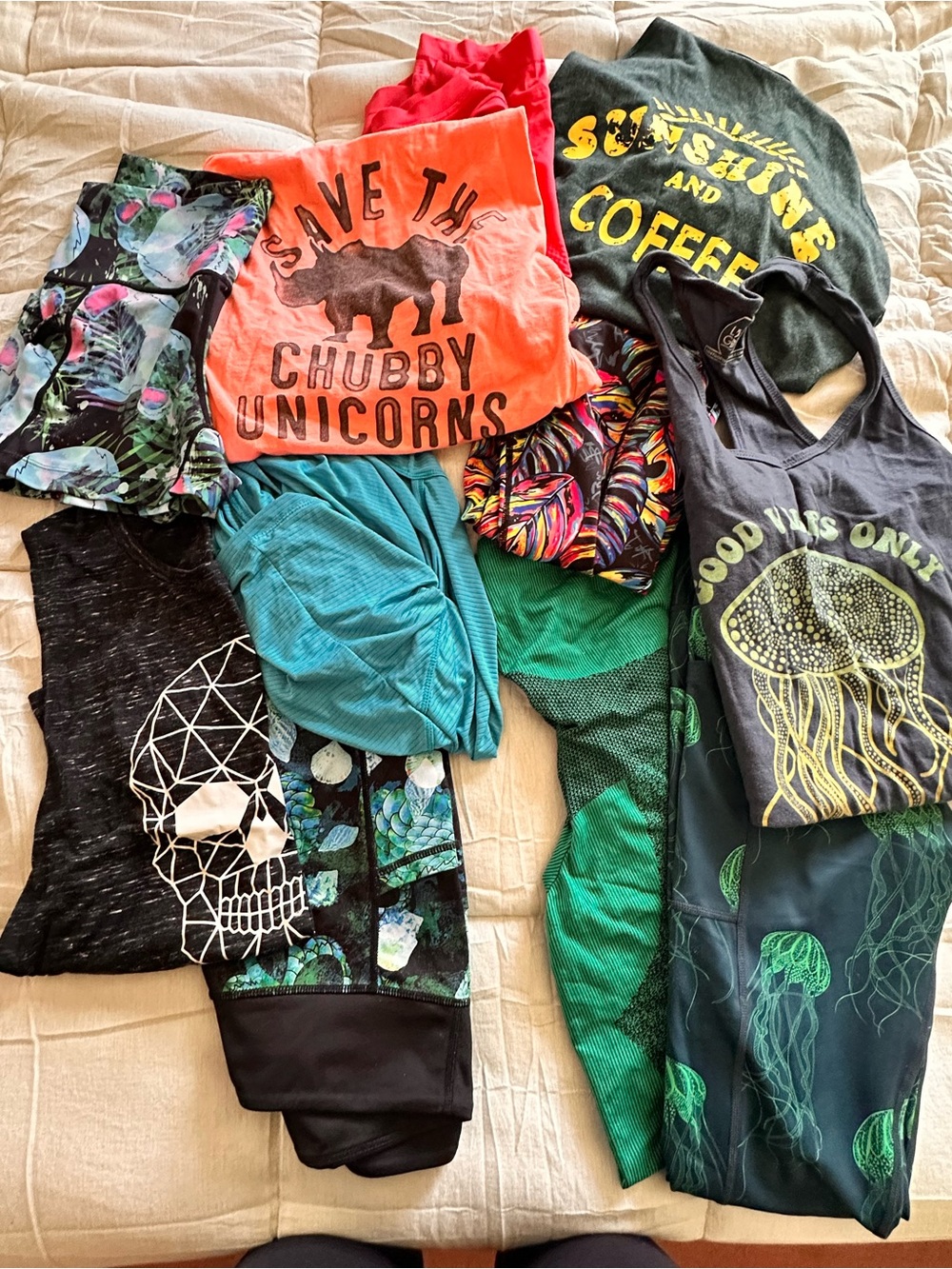 Assorted Graphic Tops & Leggings Bundle - Bright Teal, Coral, Black, Green-CVG